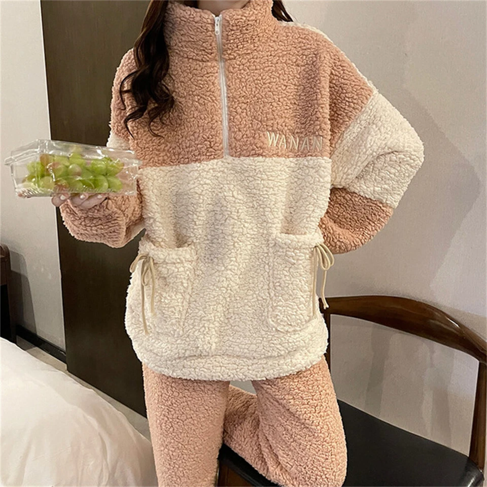 Damas Exterior Pijama Mujeres Grueso Cálido Suéter Cordero Terciopelo Ocio 2 PIEZAS Invierno Foto 2 de 4