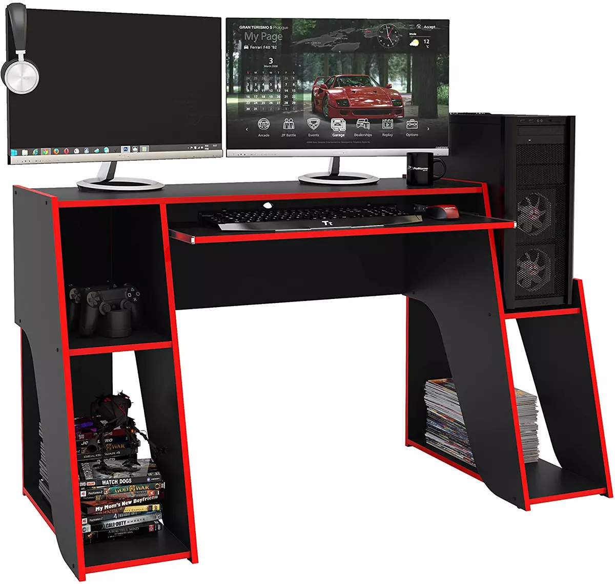 Gaming Computer Desk PS4 PS5 Xbox PC Laptop Table Monitor Stand Red Black  Shelf