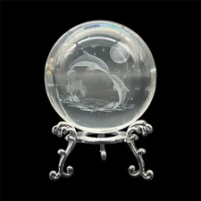 3D Laser Crystal Dolphins at Play Figurines Crystal Ball Paperweight with Stand