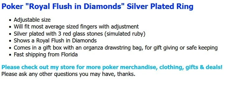 Royal Flush Poker Ring Silver Plated Simulated Ruby Diamonds Cards Adjustable Sz - Image 4 of 4