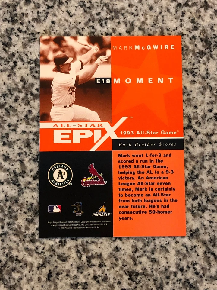 1998 Pinnacle Plus ~ All-Star Epix ~ Mark McGwire #E18 ~ Moment Orange - Image 2 of 3