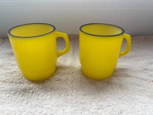 Vintage Fire King Yellow Stacking Coffee Mugs Black Ring - Set of 2