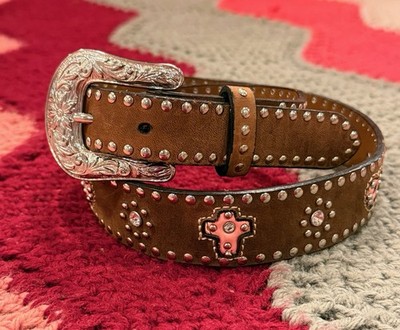 Nocona Cowgirl Western Brown/Rhinestone Heart Leather Belt Size 28 Bling NoconaÂ® Scalloped Pink Rhinestone Heart Belt main image 2