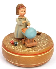 Vintage Thorens Wood Music Box Girl & Baby Plays "Born Free" - Switzerland