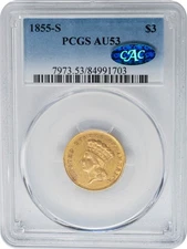 1855-S $3 Gold Indian AU53 PCGS CAC 950873-3