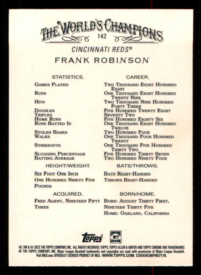 2022 Topps Allen and Ginter Chrome #142 Frank Robinson - Image 2 of 2