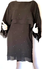 Vintage 80s Holly Harp Black Layered Dress W/Rhinestones /Scalloped Edges SZ 12