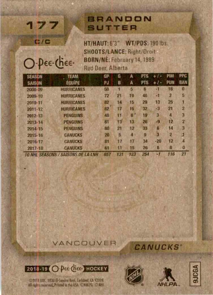 2018-19 O-Pee-Chee Brandon Sutter #177 - Image 2 of 2