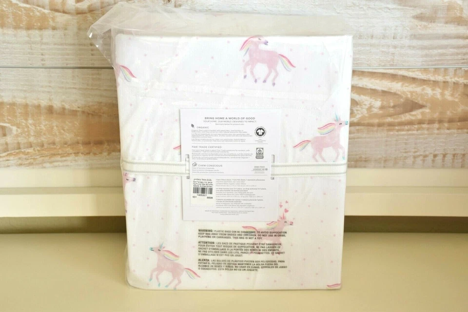 NEW Pottery Barn Kids Organic FLANNEL Rainbow Unicorn TWIN Sheet Set Pink NWT - Image 4 of 4