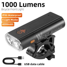 WEST BIKING 1000LM Waterproof Bike Light USB Rechargeable LED Front Headlight