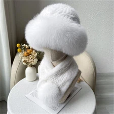 Women's Real Mink Fur Hat + Real Mink Fur Scarf Set Knitted Beanies Stretch Cap
