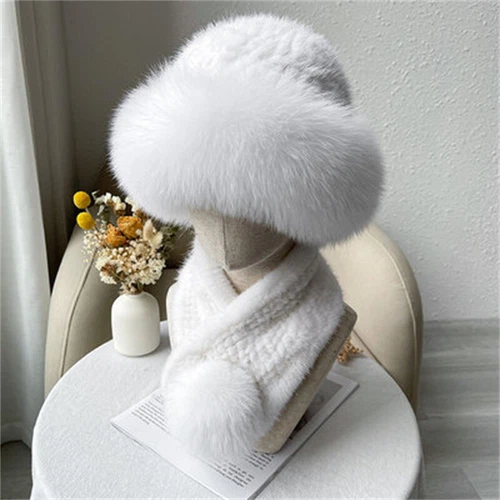 Cappello donna pelliccia visone + vera pelliccia visone vera sciarpa berretto lavorato a maglia berretto sci elasticizzato - Foto 6 di 22
