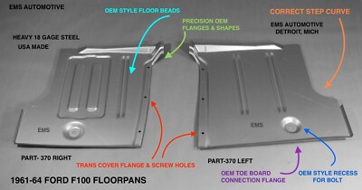 1961-64 FORD F100 FLOOR PAN Left & Right 2WD BY EMS AUTOMOTIVE 61 62 63 64 #370