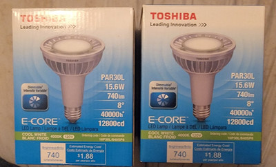 2x Toshiba E-Core 16P30L/840SP8 4000K 120V PAR30L 15.6W 740Lm 40kHr 12800cd LED