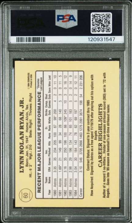 Tarjeta de béisbol 1985 Donruss Nolan Ryan firmada por la corte de los Astros PSA 6 ADN 10 certificada Foto 4 de 4