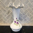 Fenton Art Glass Violets in the Snow Silver Crest Ruffle Hand Painted Vase 8"