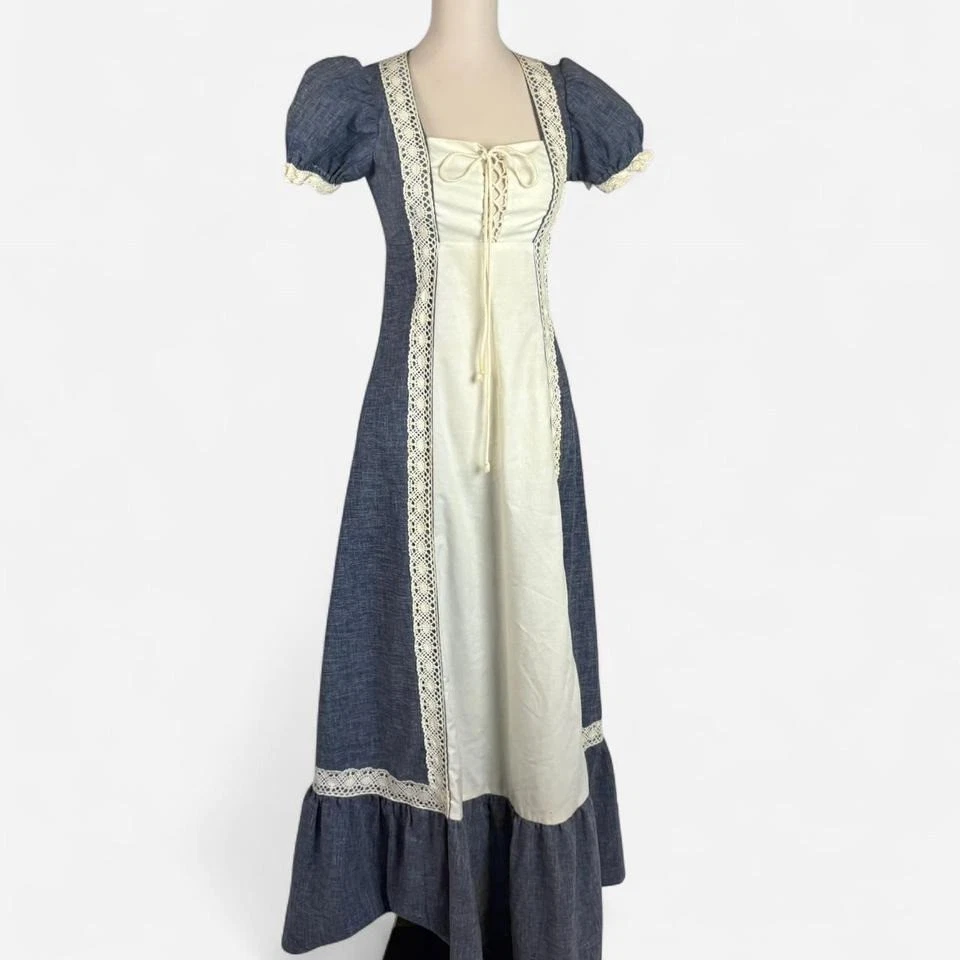 Maxi Vestido Vintage Años 60 Gunne Sax Etiqueta Negra Denim Cambray Talla 9 RARO Foto 4 de 4