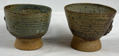 Signed Elaine Studio Pottery Goblets Pair | Handmade Stoneware Pedestal Cups