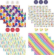 Birthday Wrapping Paper Sheet - 12 Sheets Folded Flat with 12 Gift Tags for P...