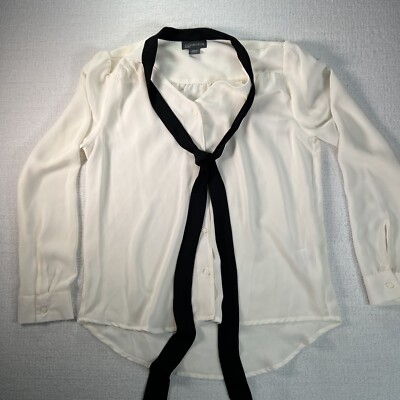 Covington Petite Womens SP Button up Neck Tie Blouse White Sheer