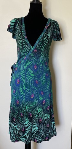 MATTHEW WILLIAMSON H&M PEACOCK PRINT True WRAP DRESS Size S Short Sleeve Deep V