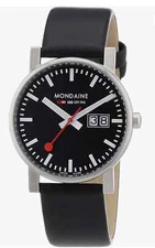 Mondaine SBB EVO 35mm Official Swiss Railways Black Dial Big Date Leather Watch