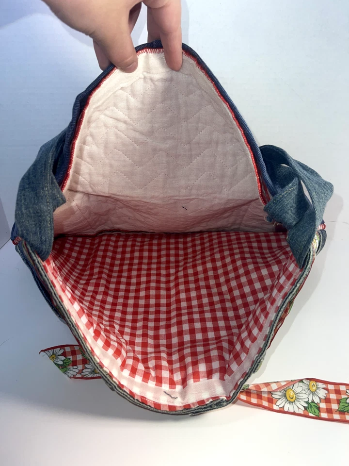 Cartera Jean Denim Reciclada con Cinturón Margarita a Cuadros 15 X 12 Bolso Hecho a Mano Foto 3 de 4