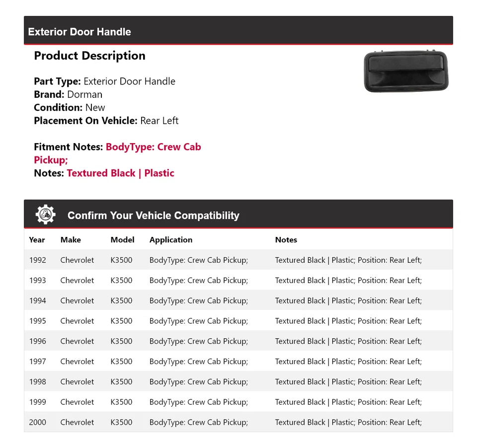 Manija de puerta exterior trasera izquierda para Chevrolet K3500 1992-2000 doble cabina Dorman Foto 2 de 4