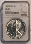 1987 American Silver Eagle Coin NGC MS69, in Damaged Holder