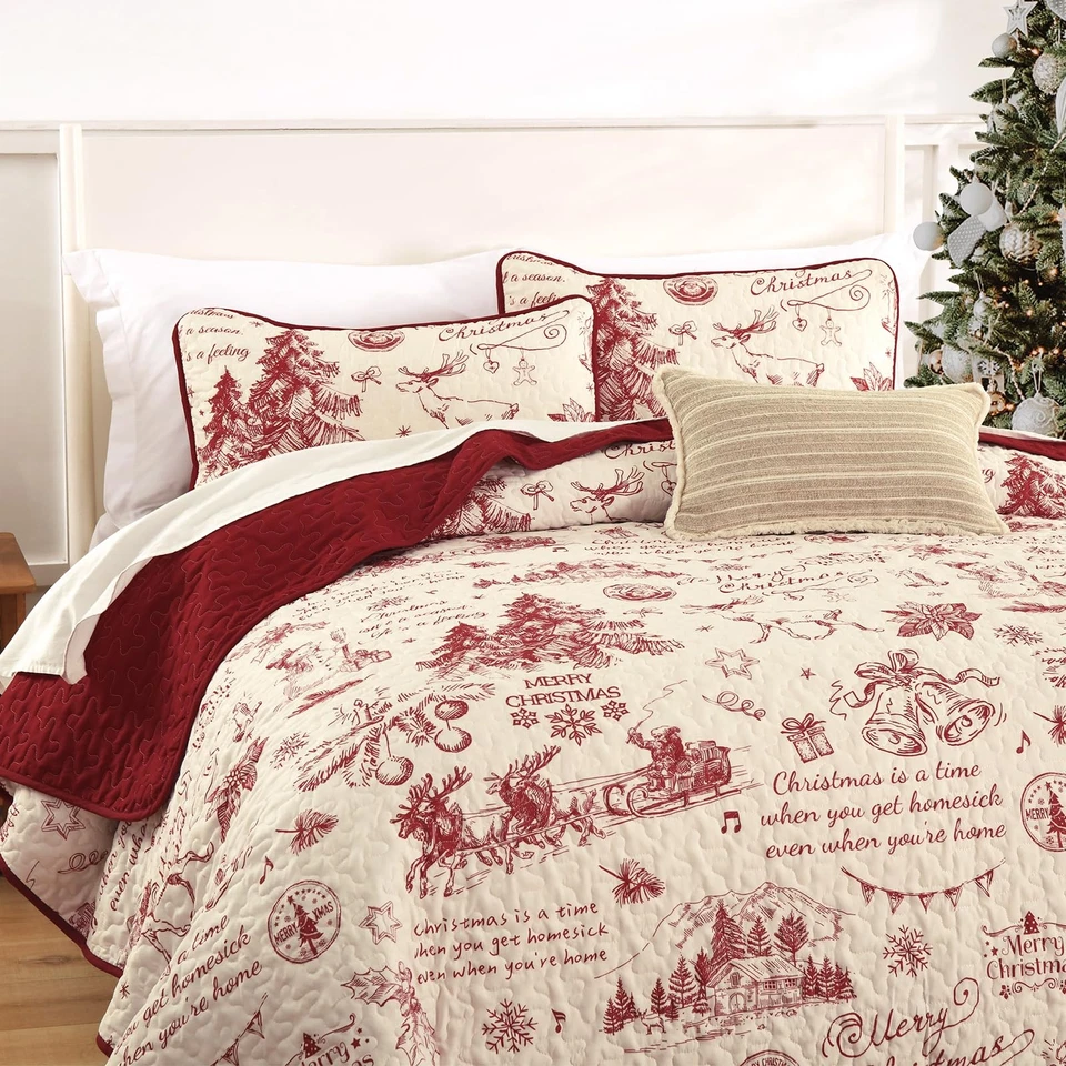 Christmas Quilt Set Queen Size, 3 Pcs Merry Christmas Theme Bedding Set with ... - Image 2 of 4