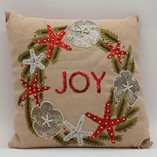 Pier 1 "Joy" Throw Pillow Sequins Beads Shells Star Fish Floral 16" Beachy 