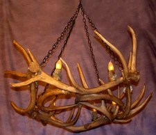 ANTLER CHANDELIER CAST ANTLER WAGON WHEEL ELK & WHITETAIL DEER, 8 LAMPS