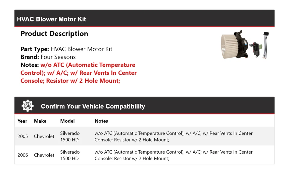 For 2005-2006 Chevrolet Silverado 1500 HD HVAC Blower Motor Kit 4 Seasons - Image 2 of 4