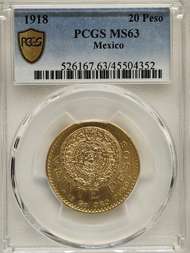 1918 Mexico Gold 20 Pesos PCGS MS-63