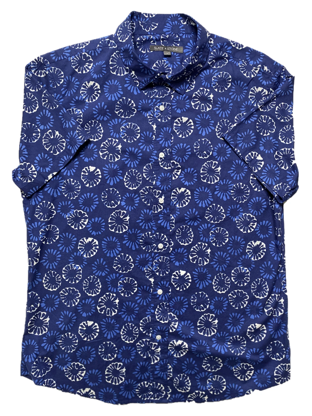 SLATE & STONE Blue Floral Button Up Short Sleeve Cotton Shirt L