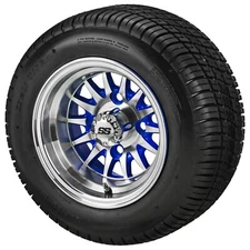 (4) Golf Cart 205/50-10 Deli Low Pro Tires on 10x7 Machined/Blue 14-Spoke Wheels