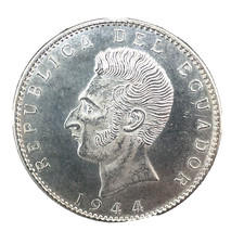 Ecuador 2 Sucres 1944 Mexico City Mint GEM Uncirculated Silver Coin KM #80 C#3