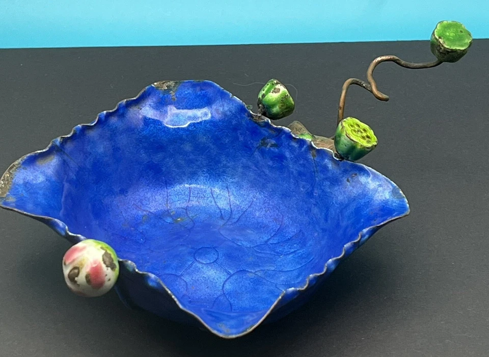 Старинный китайский медный лотос лист синий эмаль щетка горшок чаша лоток - Изображение 2 из 4