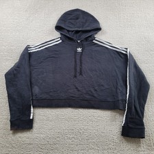 Adidas Hoodie Womens Medium Black Cropped Pullover Fleece Trefoil Logo Originals