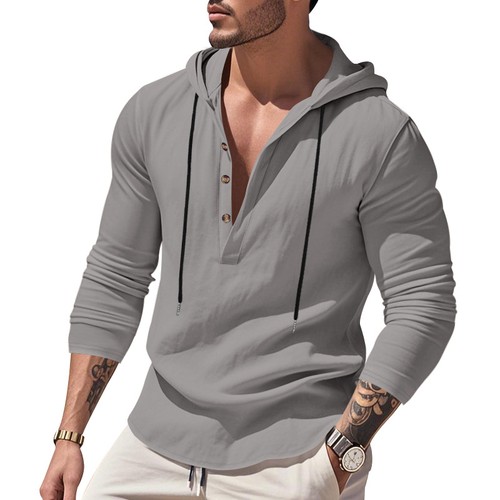 Camisa informal de lino para hombre color liso con capucha - Imagen 9 de 30
