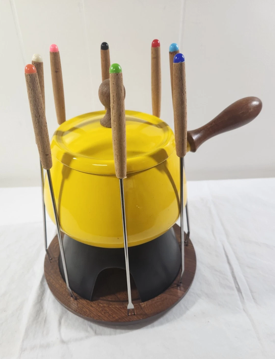Vtg Fondue Set Wood Stand Forks Enamel Pot MCM Kitchen
Opens in a new window or tab