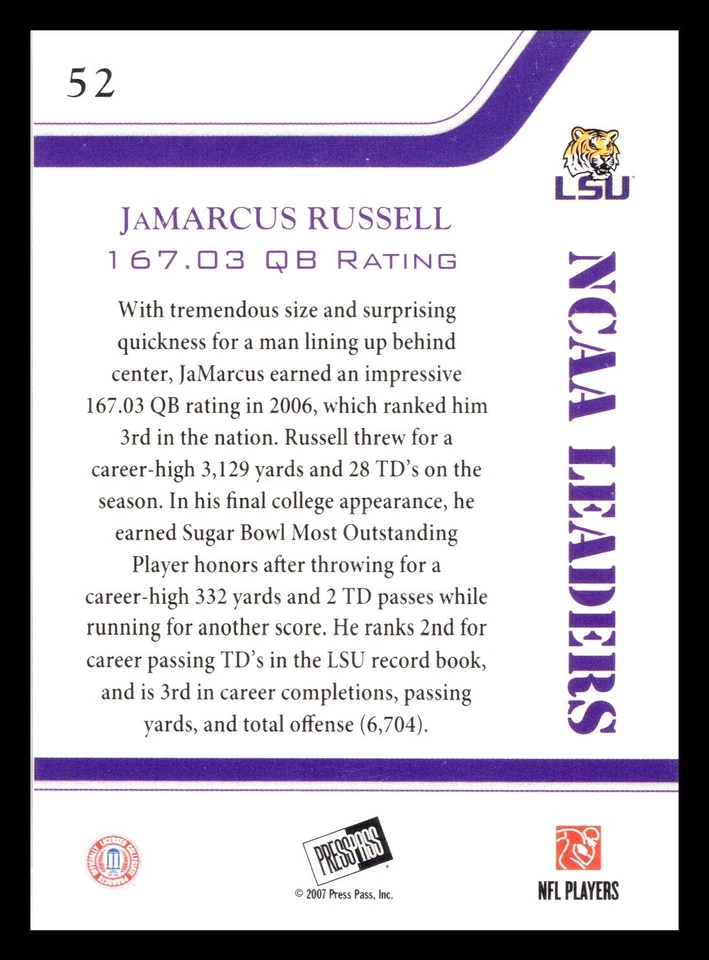 2007 Press Pass NCAA Leaders Blue Reflectors JaMarcus Russell #52 Rookie RC - Image 2 of 2