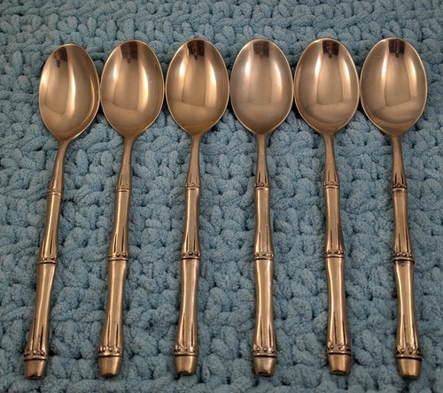 Lot Of 6 Vintage Thailand/Siam Brass/Bronze Bamboo Style Oval Soup Spoons 8 1/4"