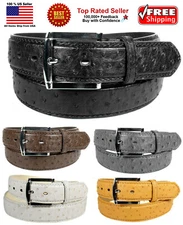 MEN FAUX OSTRICH SKIN GENUINE LEATHER STITCHED BELT w BELT BUCKLE - SIZE M L XL