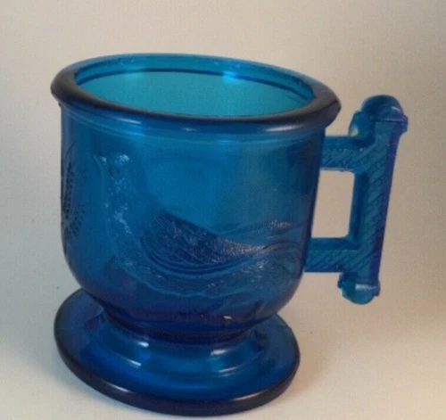 EAPG:1880's Atterbury Glass Co.  Robin Eastlake Child's Mug Blue  Bird & Wheat
