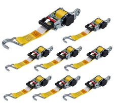 8PK 2"x10' Yellow Retractable Ratchet Straps with Double J-Hook - 1,100 lbs WLL