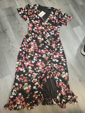 MISSGUIDED Women's Dress Red Ruched Side Midi Tea SS Floral Black Red Size 8 New