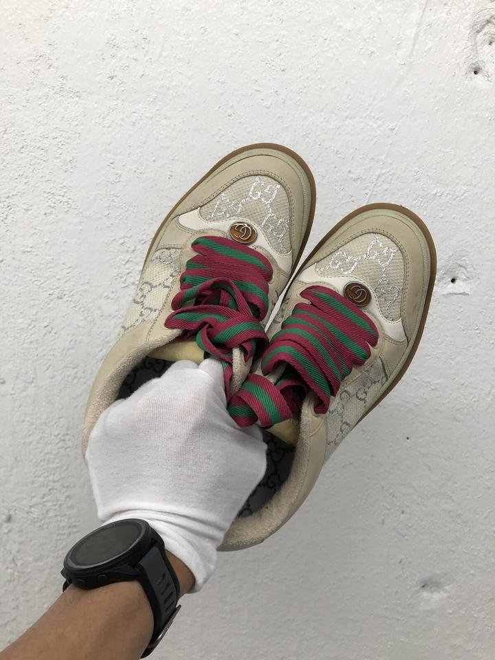 AUTÊNTICO TÊNIS GUCCI tela lona monograma branco camurça UE 37 EUA 7 L1-2 - Imagem 2 de 4