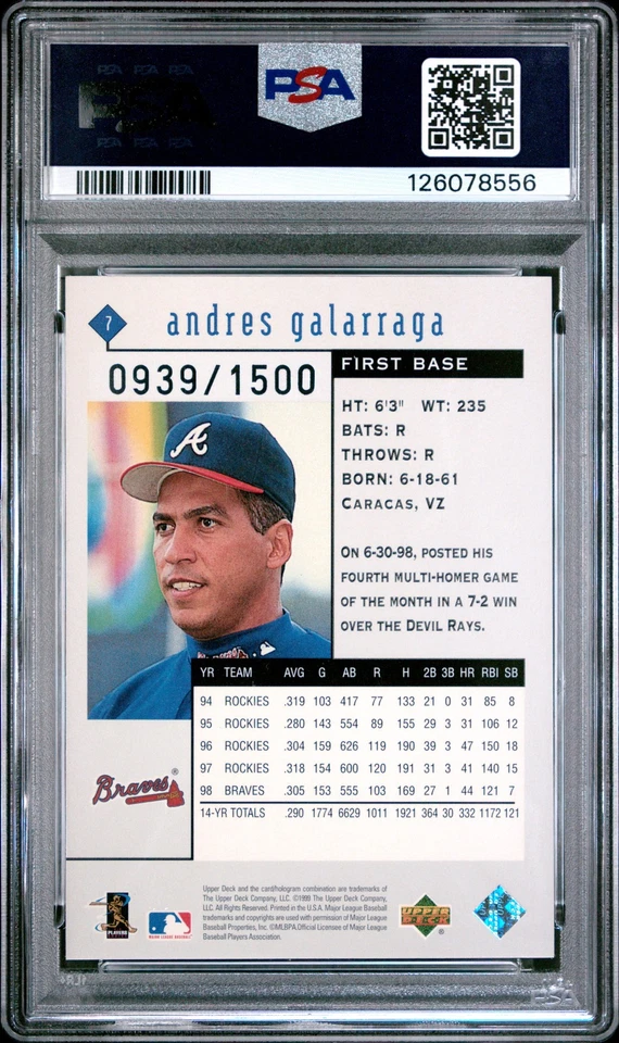 1999 UPPER DECK BLACK DIAMOND TRIPLE #7 ANDRES GALARRAGA 939/1500 PSA 8 - Image 2 of 2
