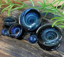 PAIR Blue Vortex Swirl Design Pyrex Glass Plugs Gauges Body Jewelry